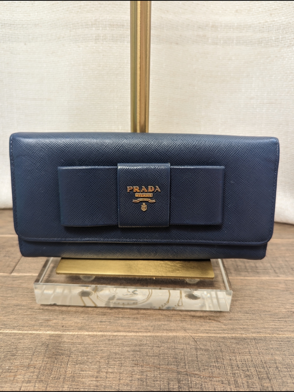 100% Authentic Prada Navy Saffiano Bow Long Wallet W/COA